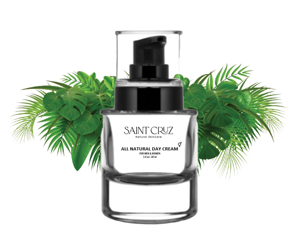 A bottle of santoz anti-aging serum with green leaves.